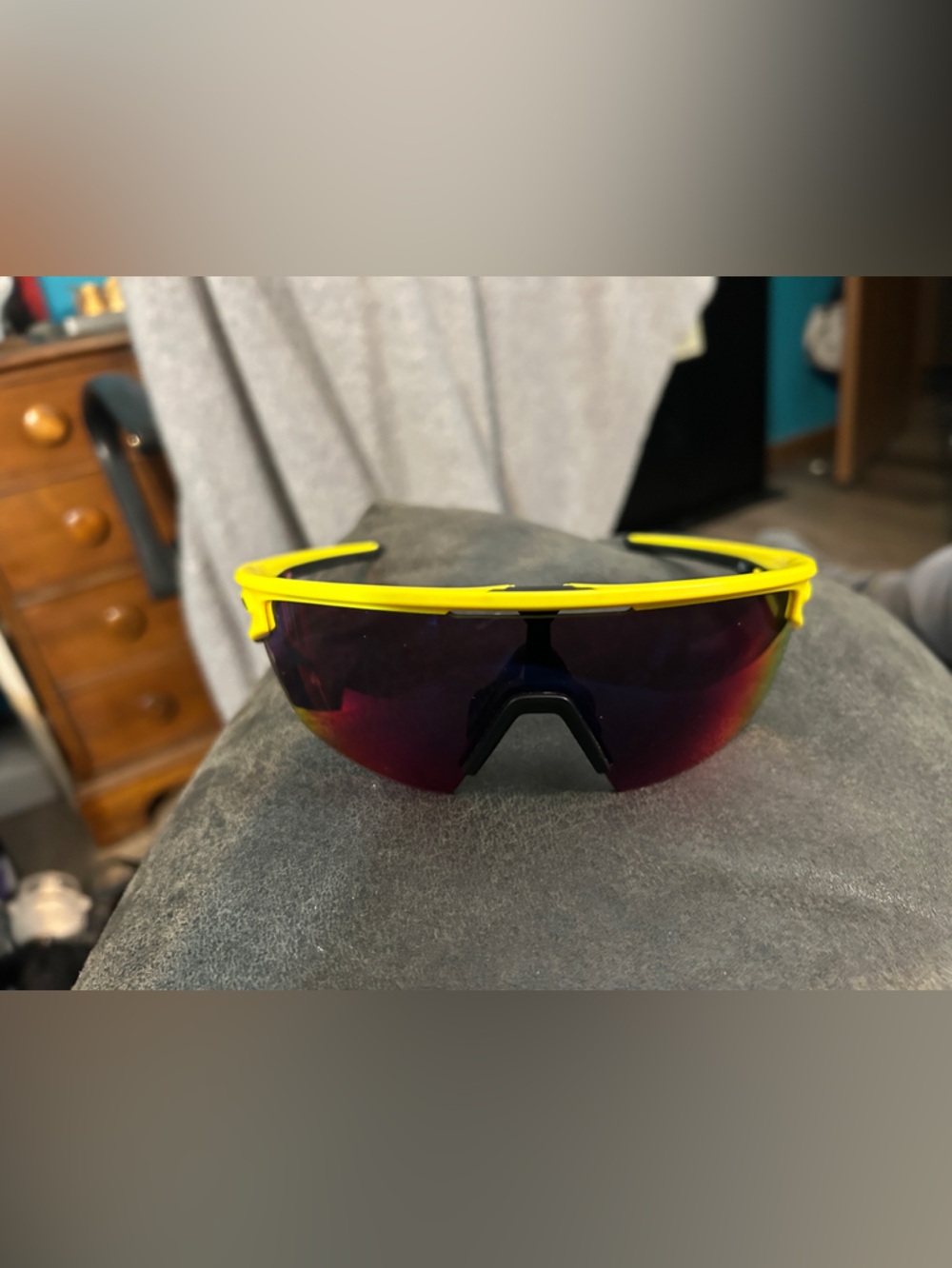 Oakley Matte Yellow Frame Sunglasses with Red-Purple Mirrored Lens